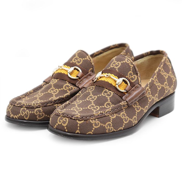 GUCCI グッチ ローファー シグネチャー ロゴ GG モノグラム キャンバス ホースビット レザーソール 革靴 シューズ レディース サイズ 36C ブラウン 茶色 総柄 イタリア製