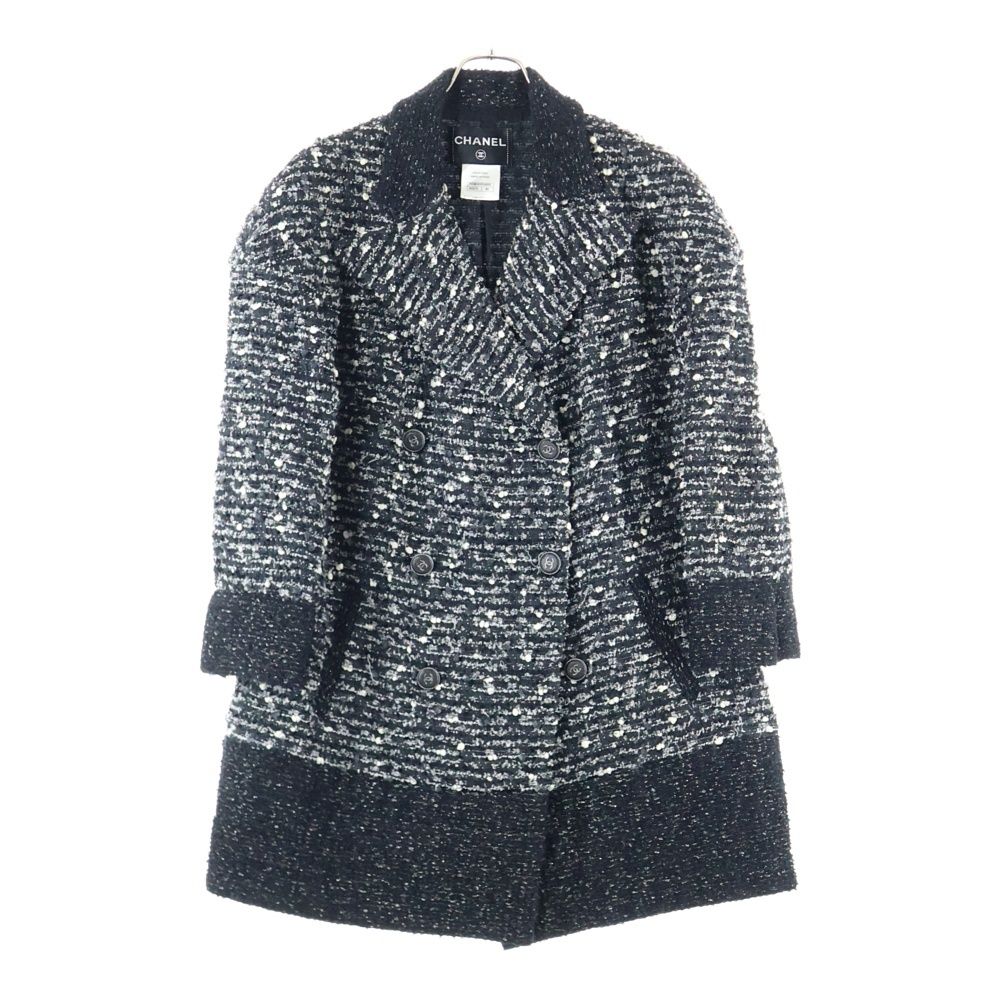 CHANEL シャネル ココマーク ココボタンツイードダブルブレストチェスターコート ジャケット ブラック ホワイト レディース P41804W04950