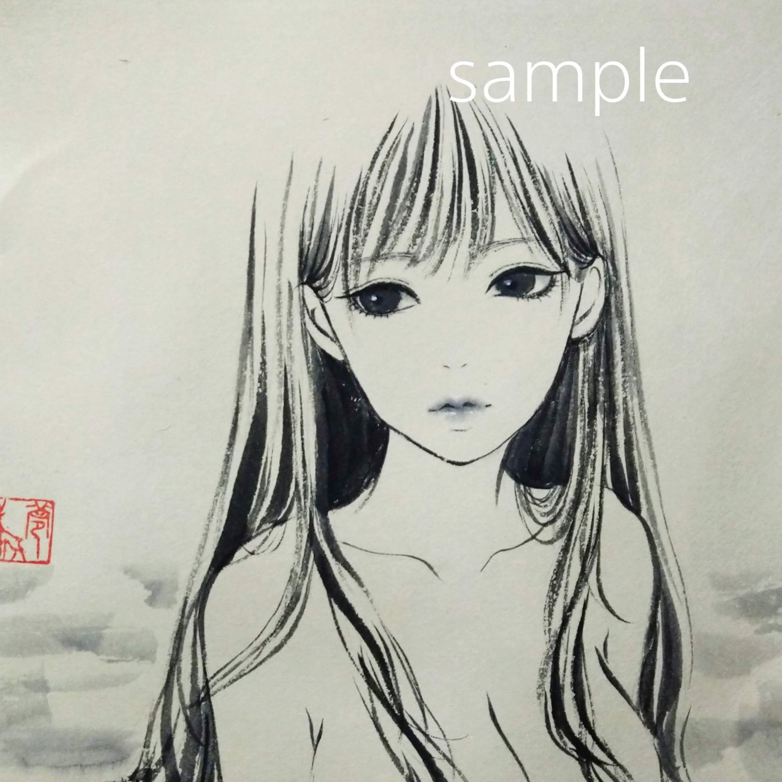 むぅしかオリジナルイラスト専用 水墨画 墨彩画 絵画 美人画 日本画 寸 ...