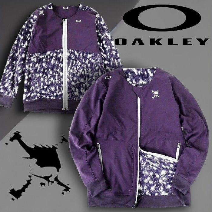 OAKLEY オークリー スカル シェルパフリース切替 グラフィックプリント ネックウォーマー付き 2wayリバーシブル ウィンドジャケット ブルゾン ゴルフウェア FOA404239 定1.9万 パープル▲053 40220m01