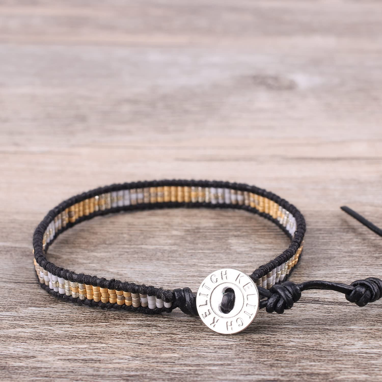  革紐 バングル ビーズ レザー 手作り ブレスレット ラップ 腕輪 シングル -E KELITCH ブレスレット アクセサリー