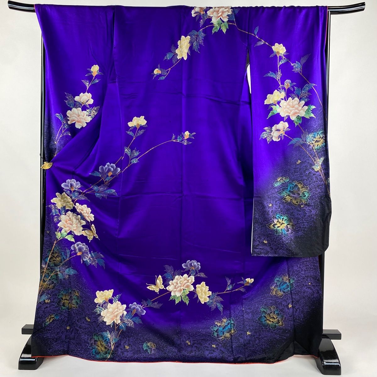 振袖 身丈172cm 裄丈72.5cm L 袷 牡丹 蝶 金彩 濃紫 正絹 秀品 【】