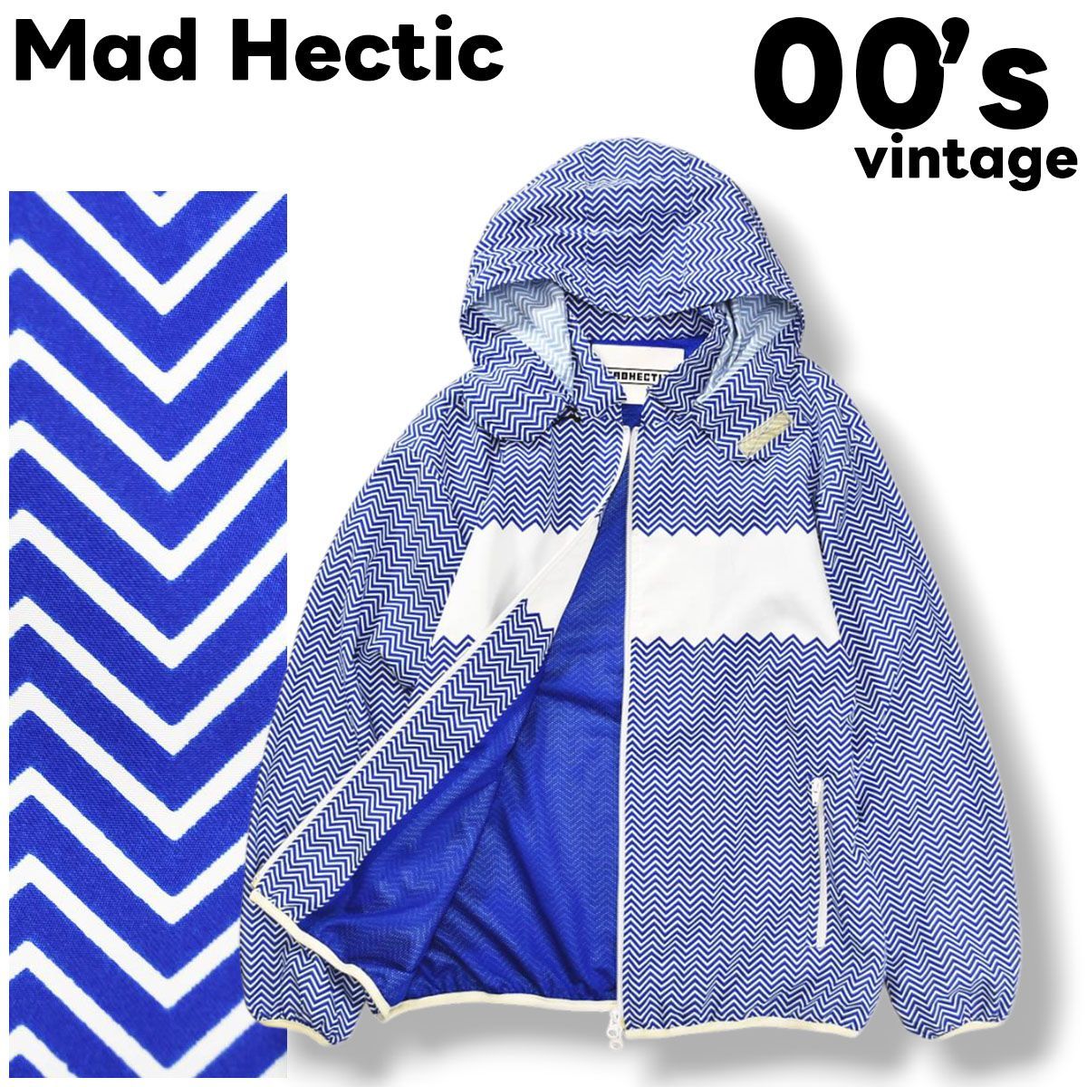 00s archive 日本製 マッドヘクティク Mad Hectic フーデット ウィンド ジャケット パーカー 裏地 メッシュ ジャンパー L へリンボーン柄 ブルー x ホワイト ストリート 裏原系 メンズ