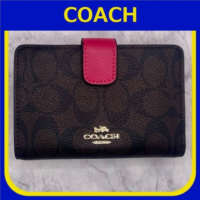 COACH コーチ シグネチャー ダークブラウン/ピンク 二つ折り財布 www