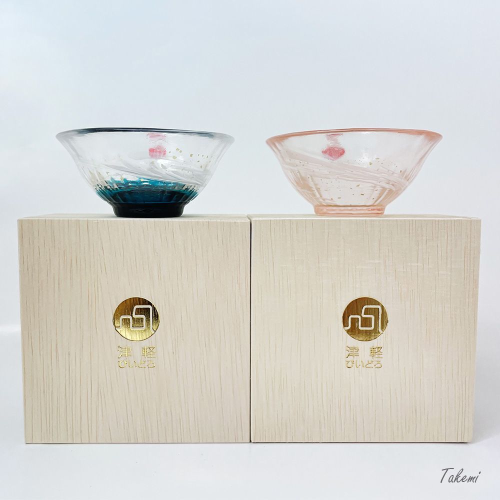 津軽びいどろ 金彩盃 爽華 さやか 2点セット 花霞、初夏 酒器 木