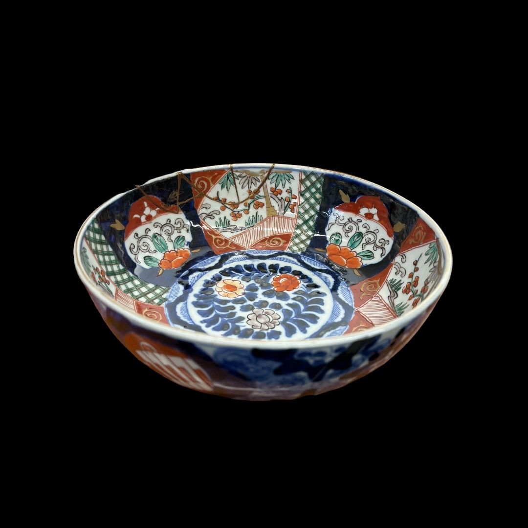FU10) 一点もの 陶器 伊万里 染錦 鶉図 うずら柄 大鉢 金彩 金継ぎ