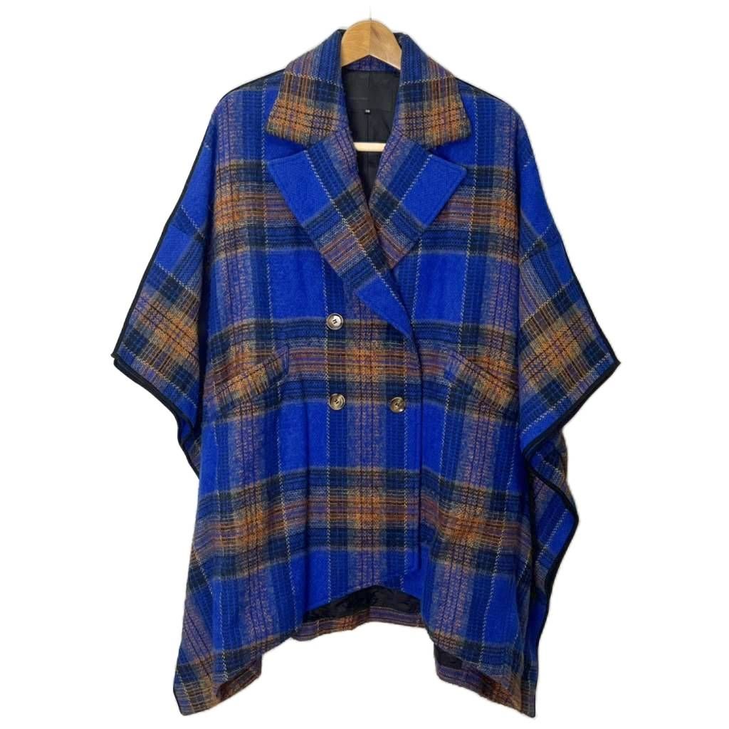 アキラナカ AKIRA NAKA アルパカ混 チェック柄 ポンチョ ケープコート 38 ブルー オレンジ AW14-22