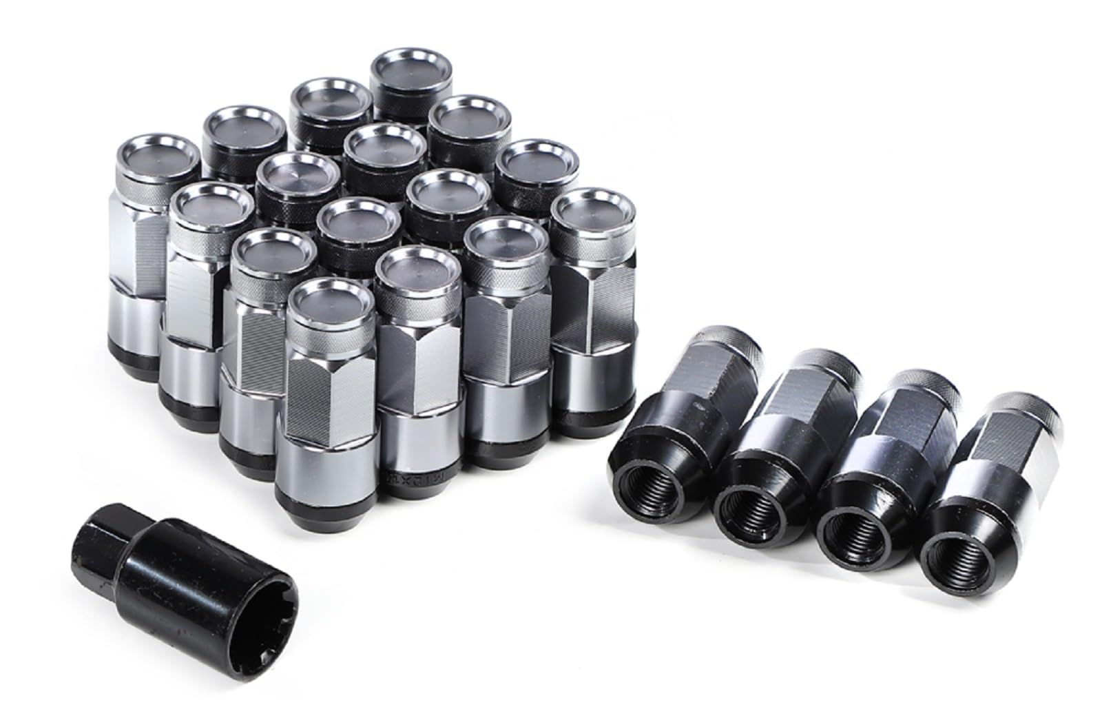 スチール製 ホイールナット スチールナット タイヤナット レーシングナット 上下二分割 アルミ ハイブリット 分割式 ロックナット 貫通ナット ナット 盗難防止 M12 x P1.5 ソケット付き 20本セット グレー グレー