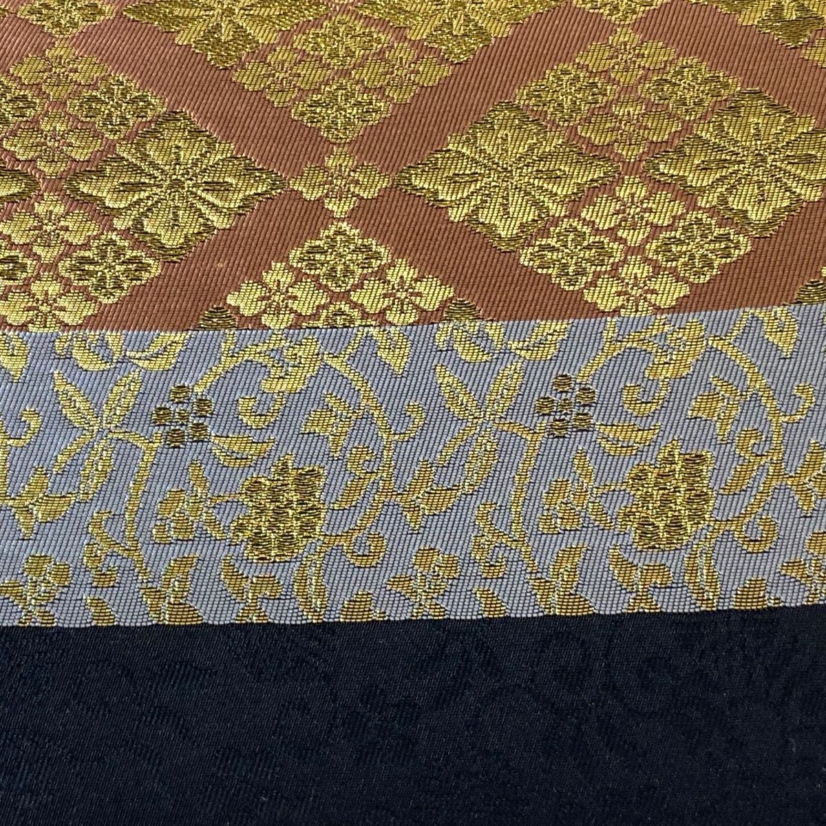 408my129☆全通 袋帯 花 菱 市松 檜垣 唐花☆美品