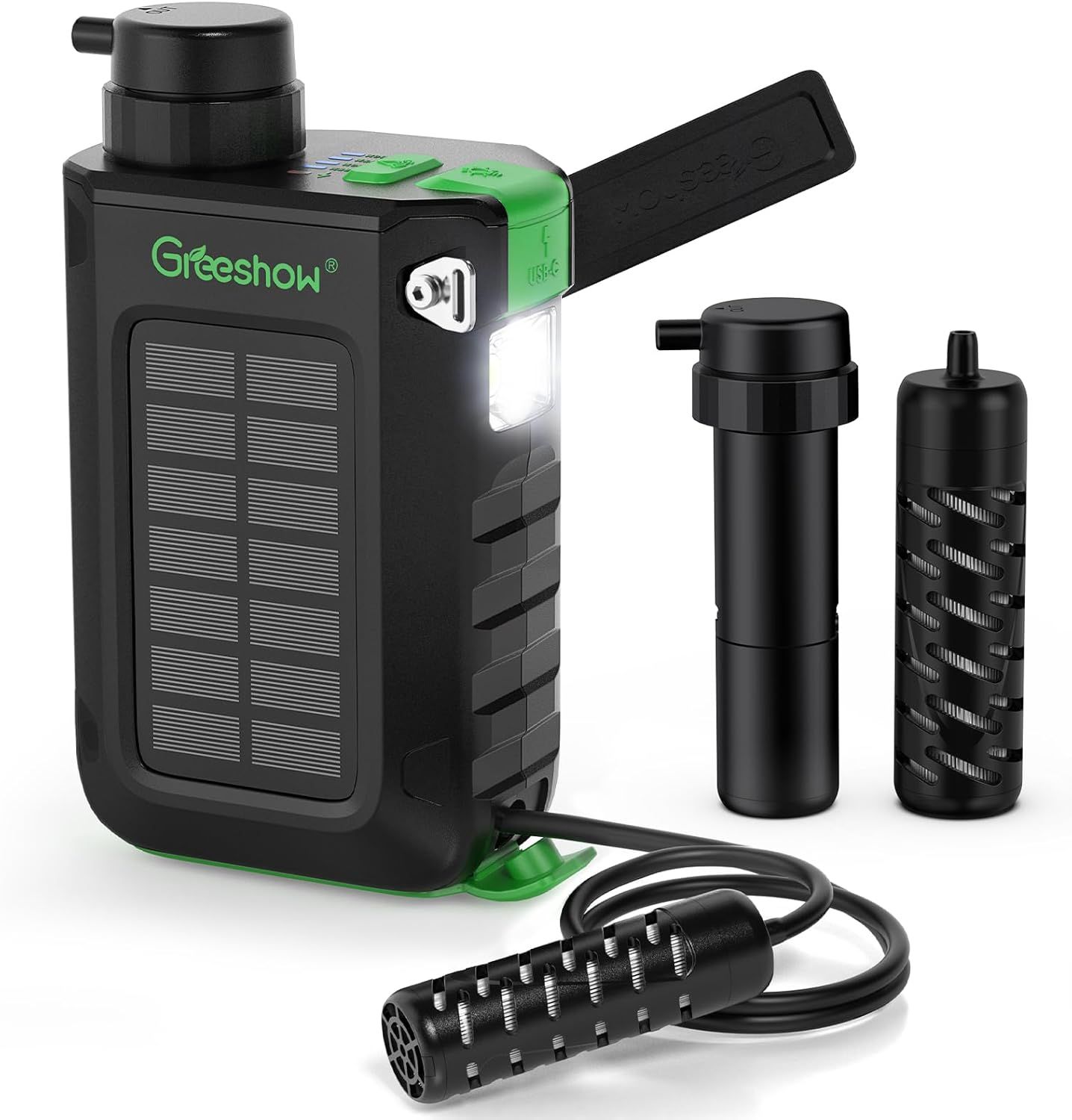 Greeshow GS-2811 電動浄水器 アウトドア 浄水器 【日本正規品】手回し充電 ソーラー充電機能 災害 濾過器 飲み水 防災用 LEDライト SOSモード スマホ充電機能 登山/地震/災害用 軽量 PSE技術適合 GS-