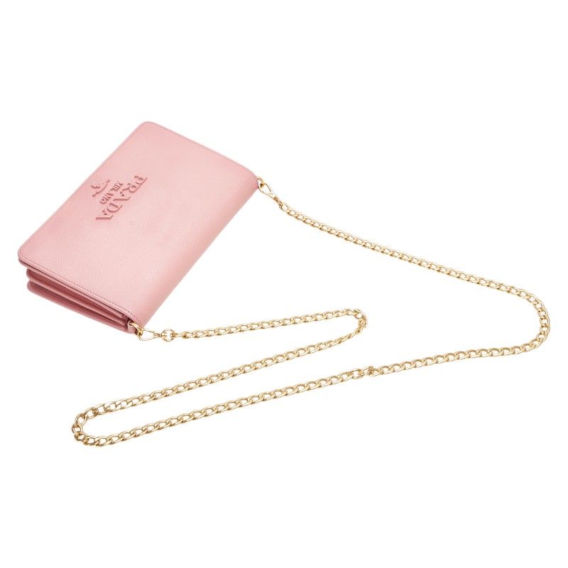 PRADA 長財布 フラップウォレット ロゴ金具 サフィアーノレザー ピンク プラダ ロゴ チェーン ショルダーバッグ ウォレット 1BP006