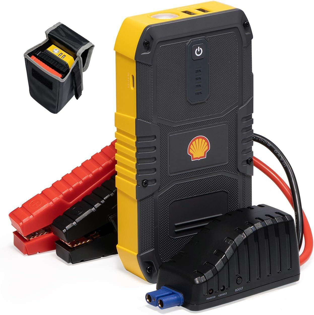 Shell シェル 車用緊急スターター パワーバンク 10000mAh大容量 ピーク電流800A 12V 車エンジンスターター 安全保護機能搭載 車用緊急スターター パワーバンク LED緊急ライト搭載 PSE認証 日本語取扱説明書 SSL-SJP011
