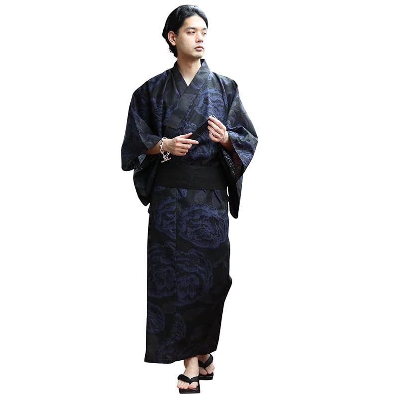 8 eight エイト 和柄 総柄 浴衣 3点セット メンズ 浴衣 帯 下駄 コットン 牡丹ブラックM