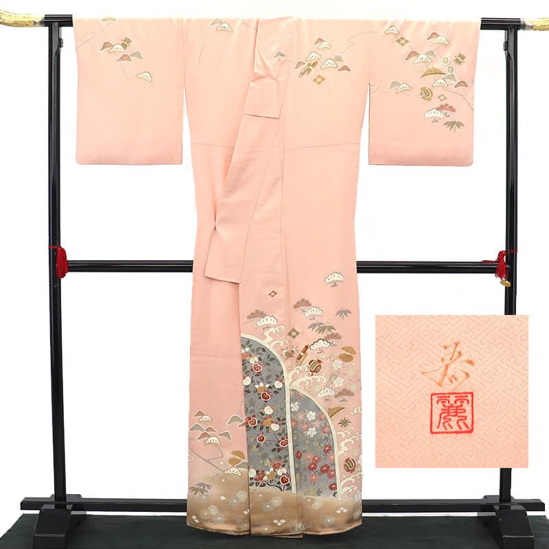 訪問着 袷 レディース 正絹 ピンク 落款 宝尽くし 滝文 身丈164.5cm 裄丈67.5cm 式典 入学式 卒業式 七五三 M~Lサイズ相当