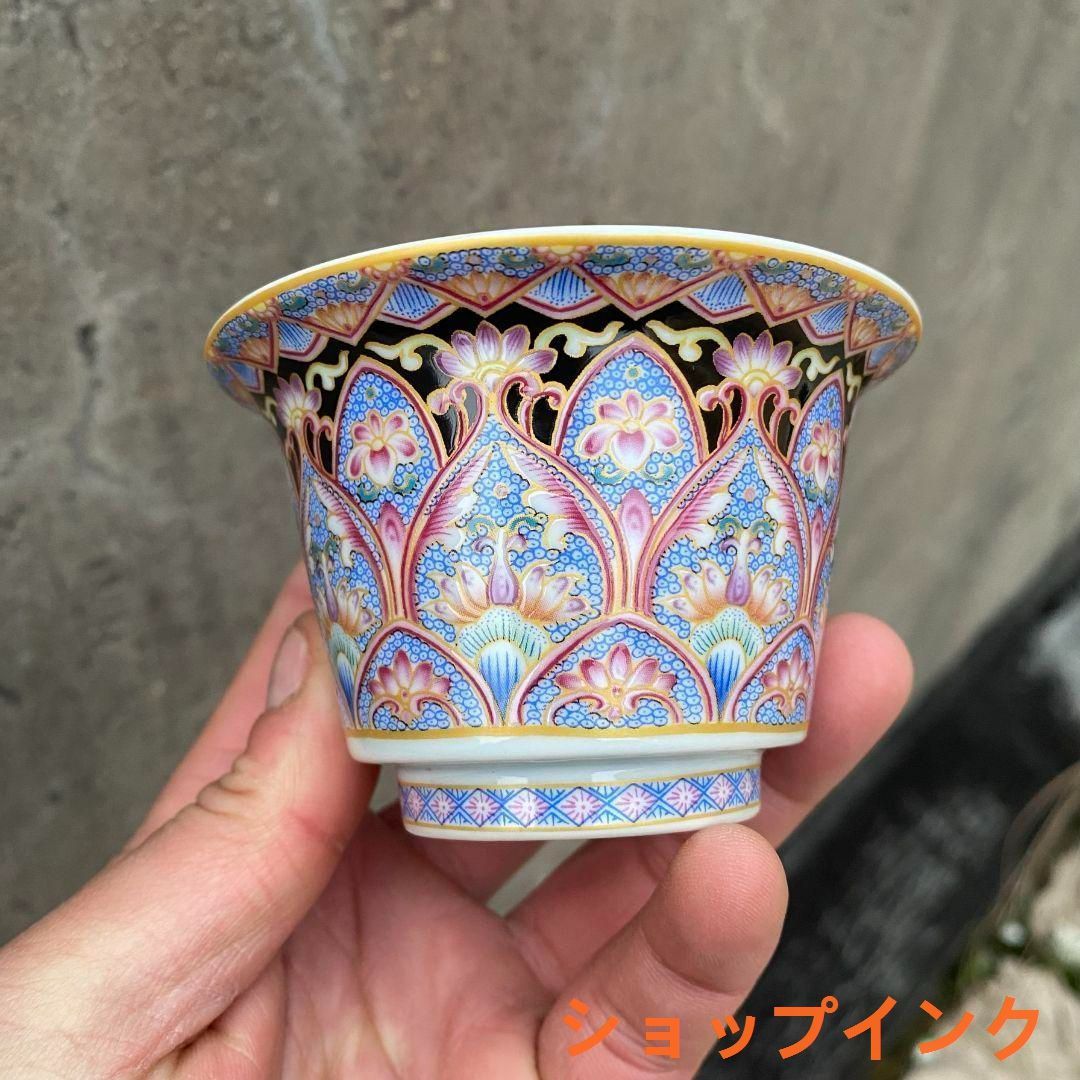 未使用品 景徳鎮琺瑯彩浄土蓮華馬蹄蓋碗 中国美術 湯呑み 茶器