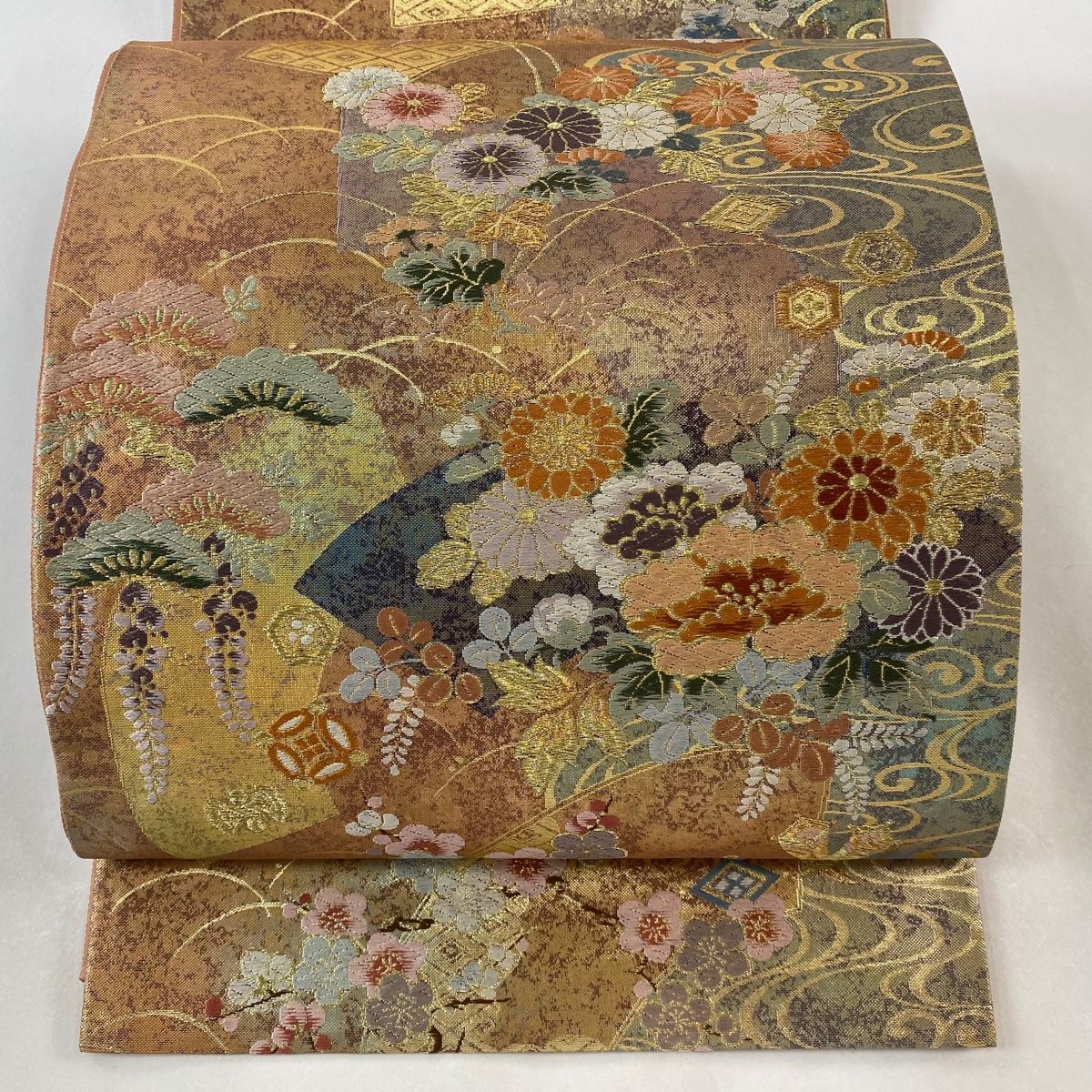 ★専用★美品 袋帯 夏帯 夏 絽 オフホワイト 吉祥花 扇面 金糸 長さ4ｍ43 美品 袋帯 夏帯 夏 絽 オフホワイト 吉祥花 扇面 金糸 長さ4m43
