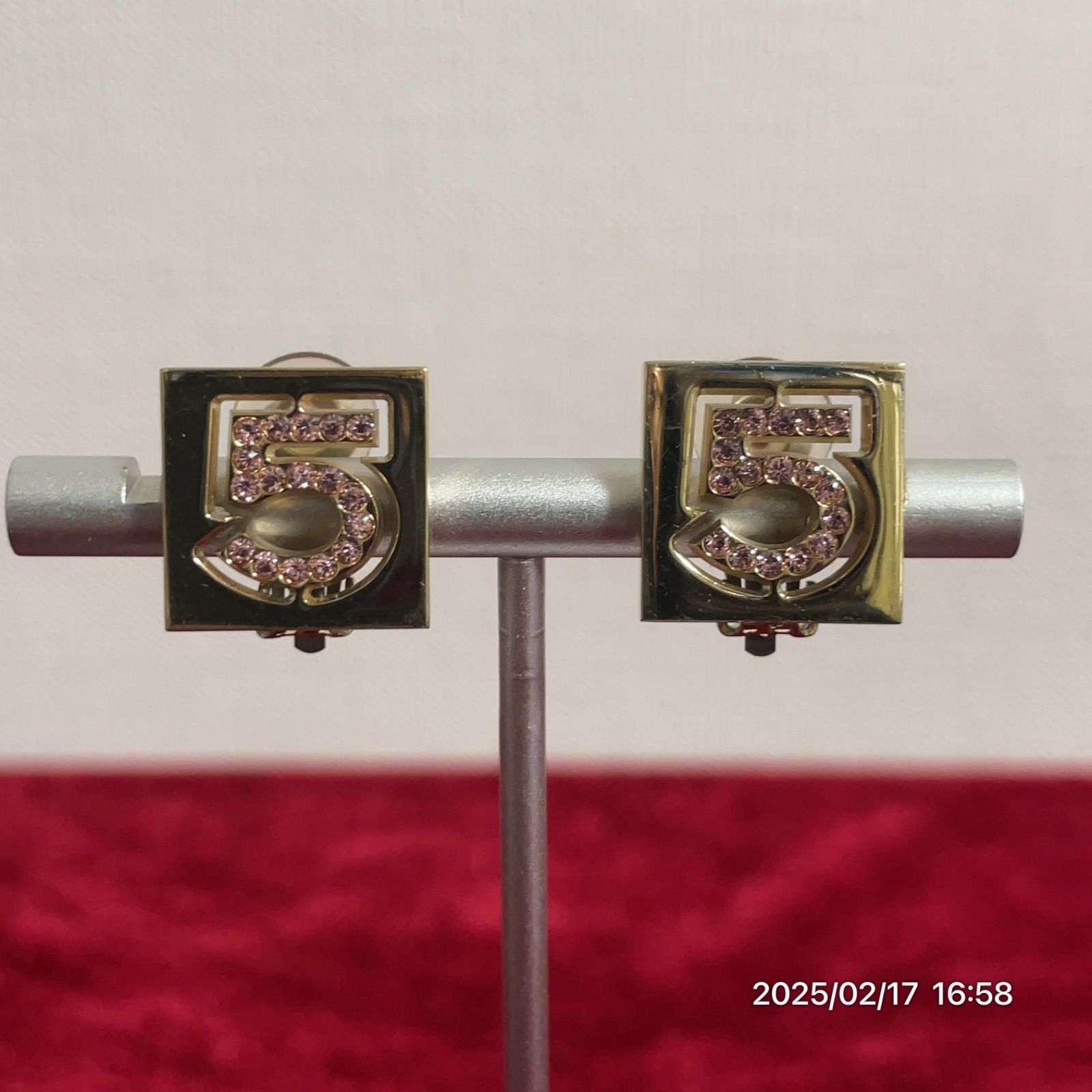 美品 CHANEL シャネル No.5 ラインストーン スクエア ピンク×ゴールド 