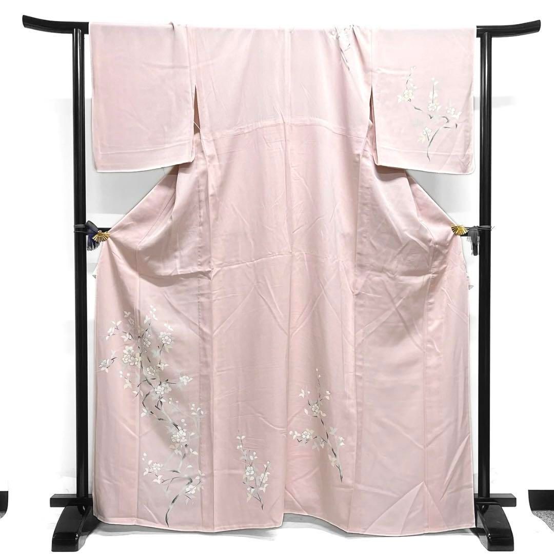 付け下げ 単衣 桜 金彩 杉綾地紋 リーフ 紋無し着物 062a d