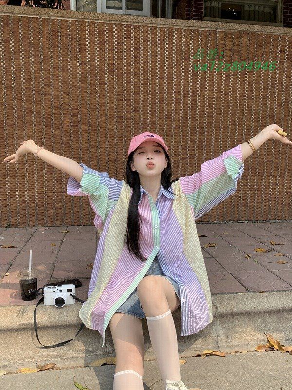 ストライプ シャツ 長袖 レディース 韓国 ストリート 原宿系 カラフル コーデ K-POP HIPHOP 衣装 マルチファッション Y2K ダンス ストライプ シャツ 長袖 レディース 韓国 ストリート マルチ