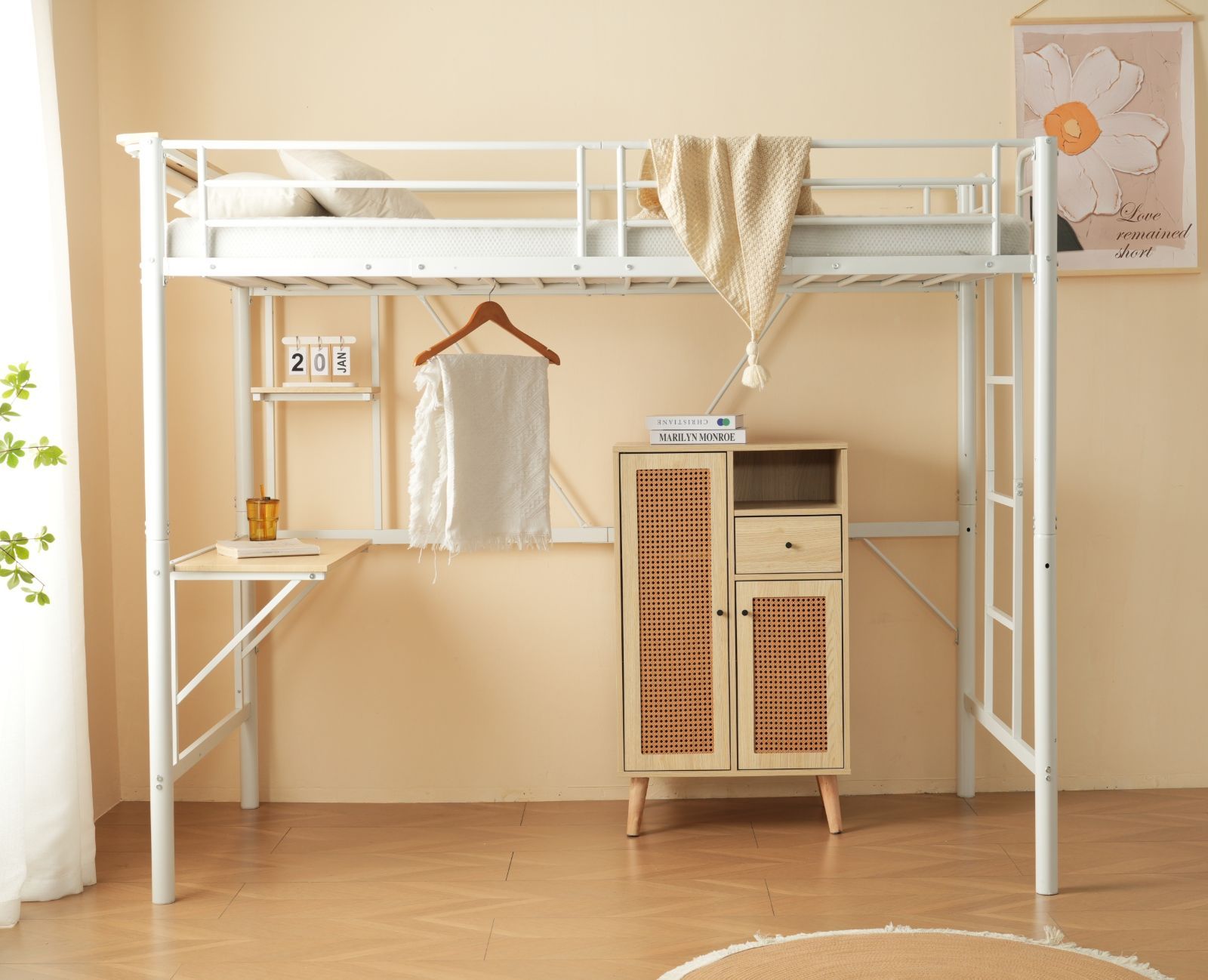 ロフトベッド シングル パイプベッド 収納棚 デスク付き 収納 パイプホワイト ホワイトロフトベッド シングル パイプベッド収納棚付きデスク付き三段
