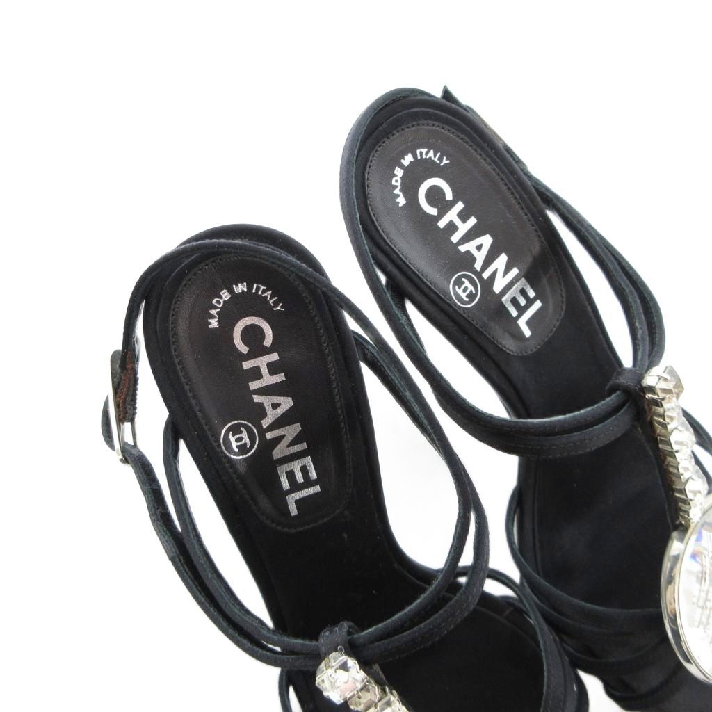 品質が完璧、値段が激安！ シャネル CHANEL サンダル ストラップ ビジュー クリスタルストーン サテン 36.5 23.5 黒 ブラック JS GY18 ポジティブな