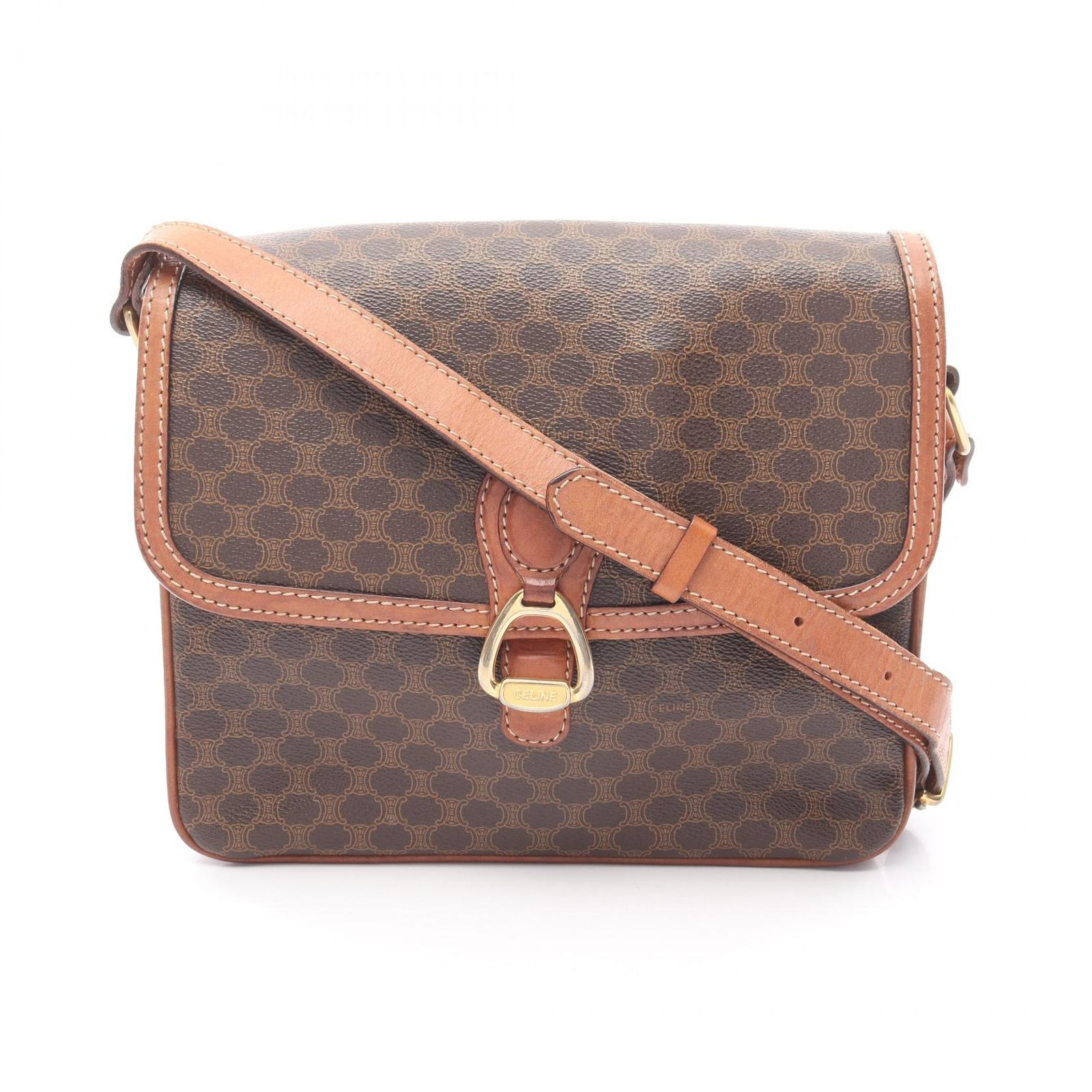 セリーヌ CELINE ショルダーバッグ マカダム ブラウン PVCコーティングキャンバス レザー マカダム ショルダーバッグ レディース Used B