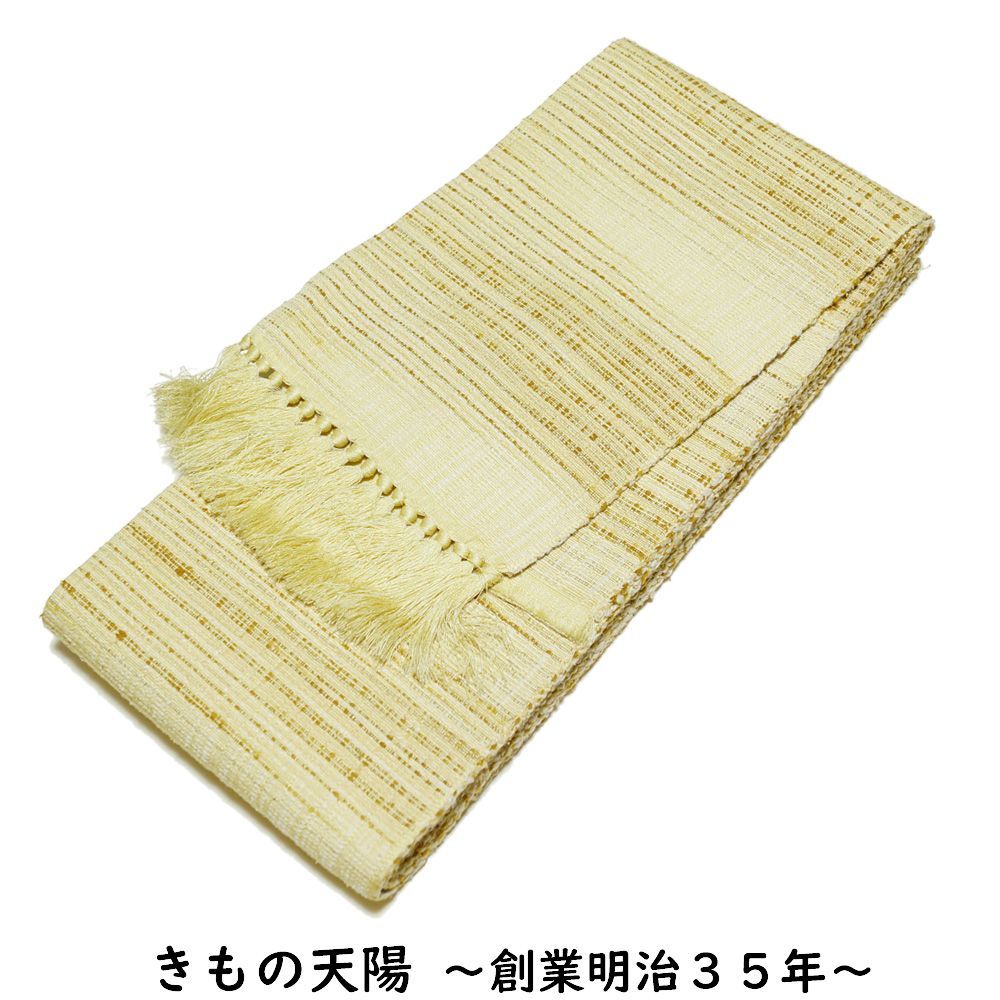 小袋帯 紬地 格子模様 クリームイエロー色系 紬 正絹 全通 半幅帯 四寸 