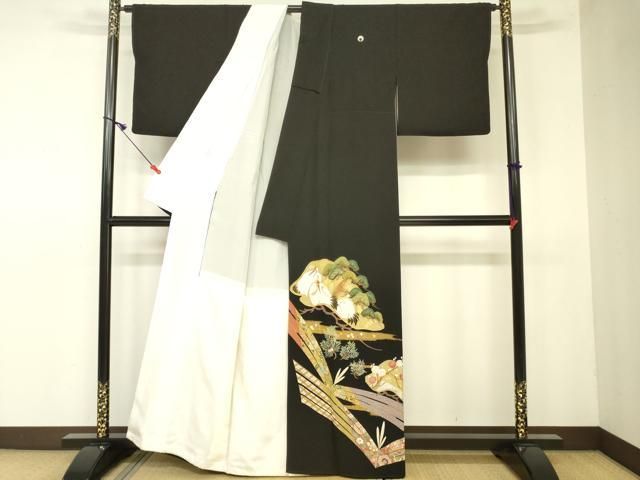 平和屋着物□豪華黒留袖 駒刺繍 絞り 束ね熨斗花松文 群鶴 金彩