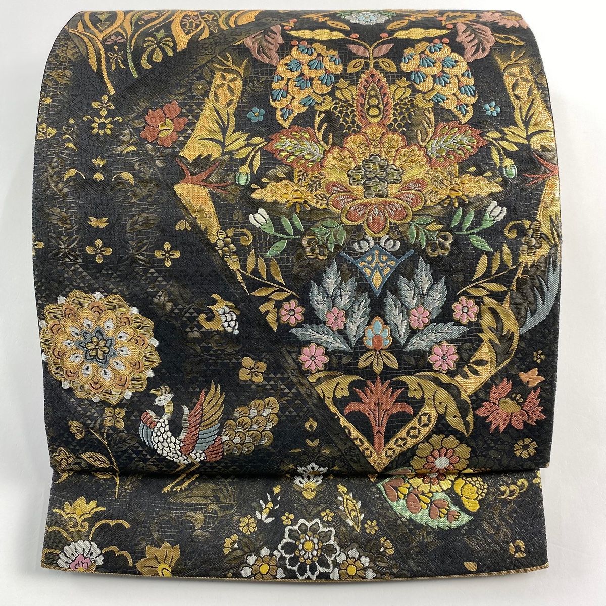 袋帯 秀品 草花 孔雀 箔 金銀糸 墨色 六通 正絹