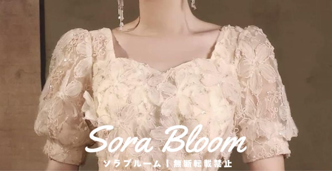 お花のデザインがオシャレなパフスリーブ イブニングドレス 新品未使用 レディースファッション 人気商品 お花のデザインが