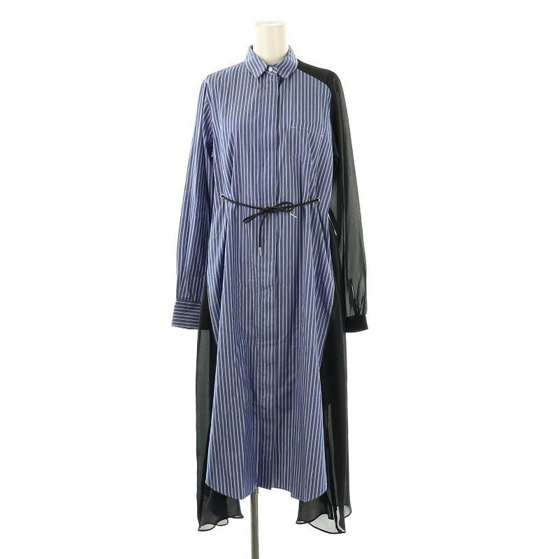 サカイ sacai Cotton Popln × Satin Dress ストライプ ドレス ワンピース シャツ切替 インナー付き 2 青 白 紺 |MI OS