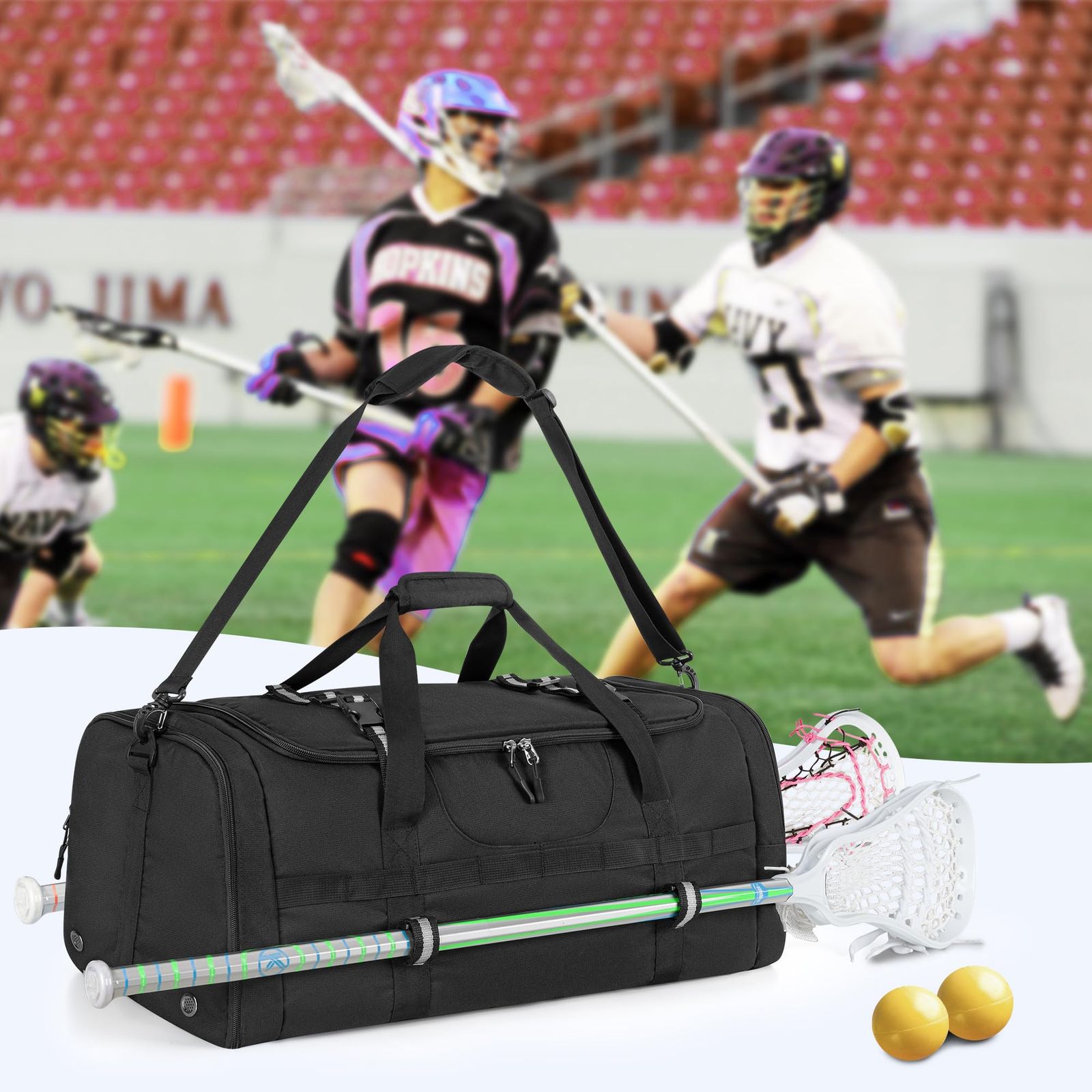 外部ヘルメットホルダーとマルチポケット付き LAXギアすべてを収納