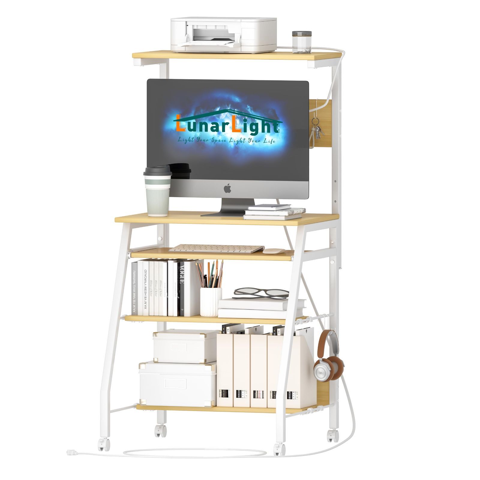 机 幅60奥行53高さ72-122cm テレワーク プリンタ台付きキーボード付き デスク PCパソコンデスク 棚板調節 コンセント付きスーリムデスク ゲーミングデスク オフィスデスク LunarLight 書斎 ナチュラルNA 幅60