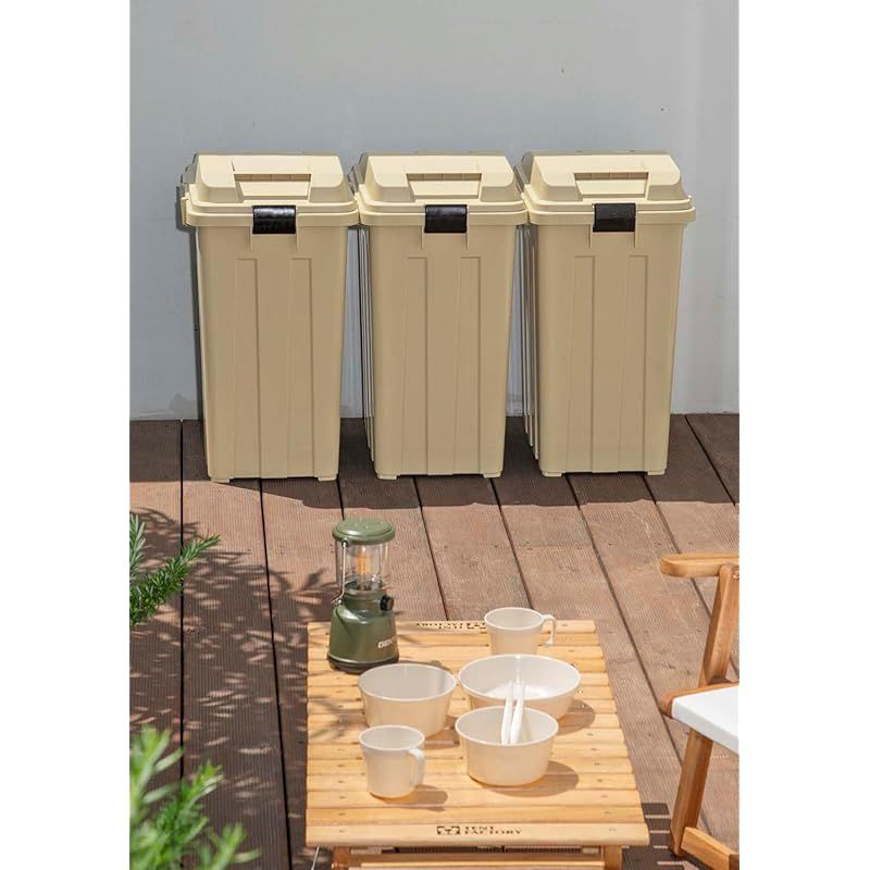 co.jp TONBO 新輝合成 Shinki Gosei トンボ ゴミ箱 連結 ハンドル付 45リットル カーキベージュ 3個セット 幅33.5×奥行41.5×高さ60.5cm 蓋付き 分別 丈夫 屋外 ベランダ 大きい アウトドア