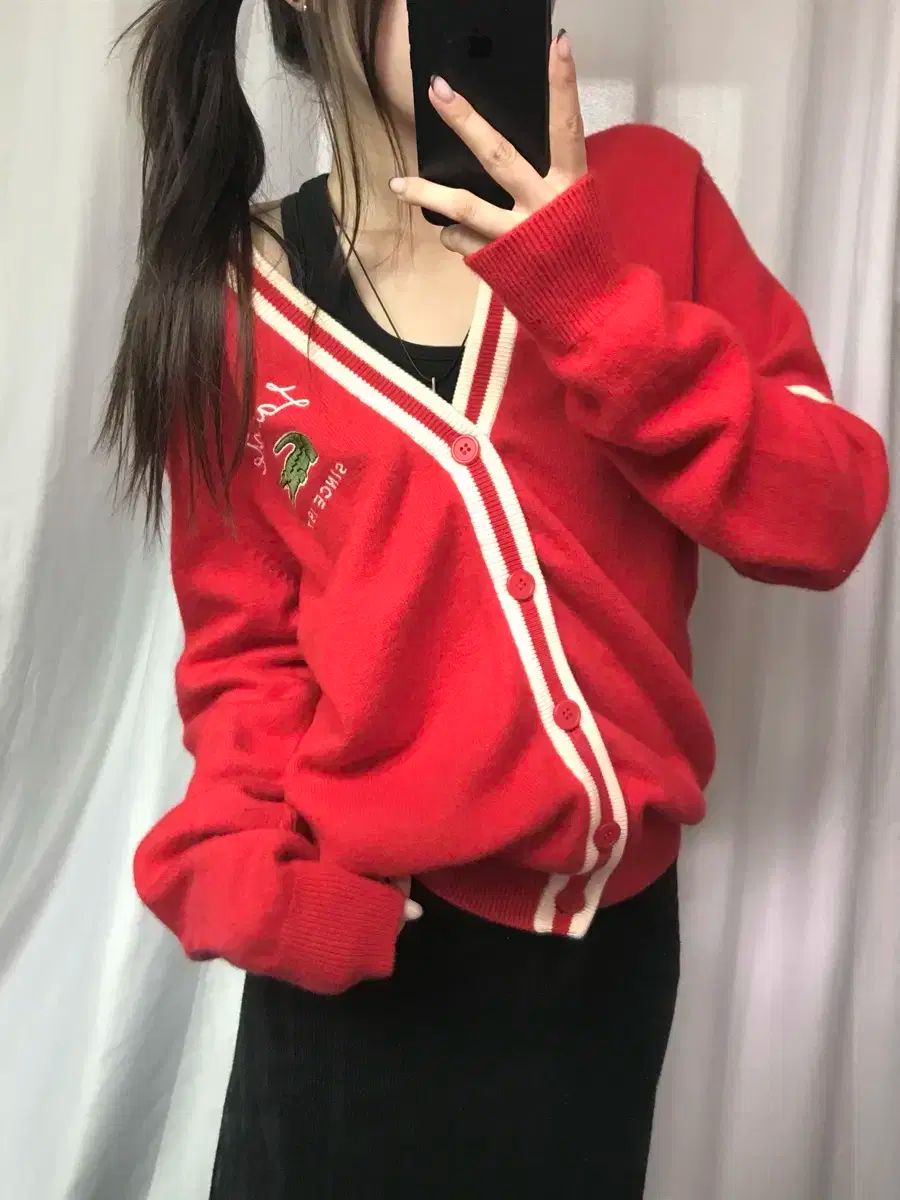 LACOSTE ラコステ レッド COLOR Vネック カーディガン