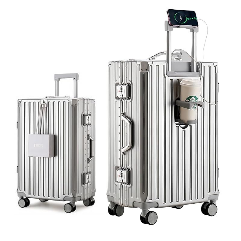 Yuweijie スーツケース アルミフレームタイプ キャリーケース シルバー 機内持込可 s|m|l|xlサイズ 2泊3日 多機能 バッグかけフック付き キャリーバッグ USB充電口付き カップホルダー付き スマホホルダー付き 軽量大型 大容量 耐衝 0