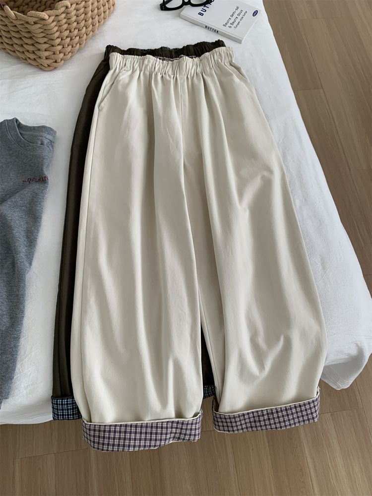 秋冬 レディース ワイドパンツ 小柄向け 九分丈 格子柄 カーキグリーン ミルクベージュ レトロ 顔色映える