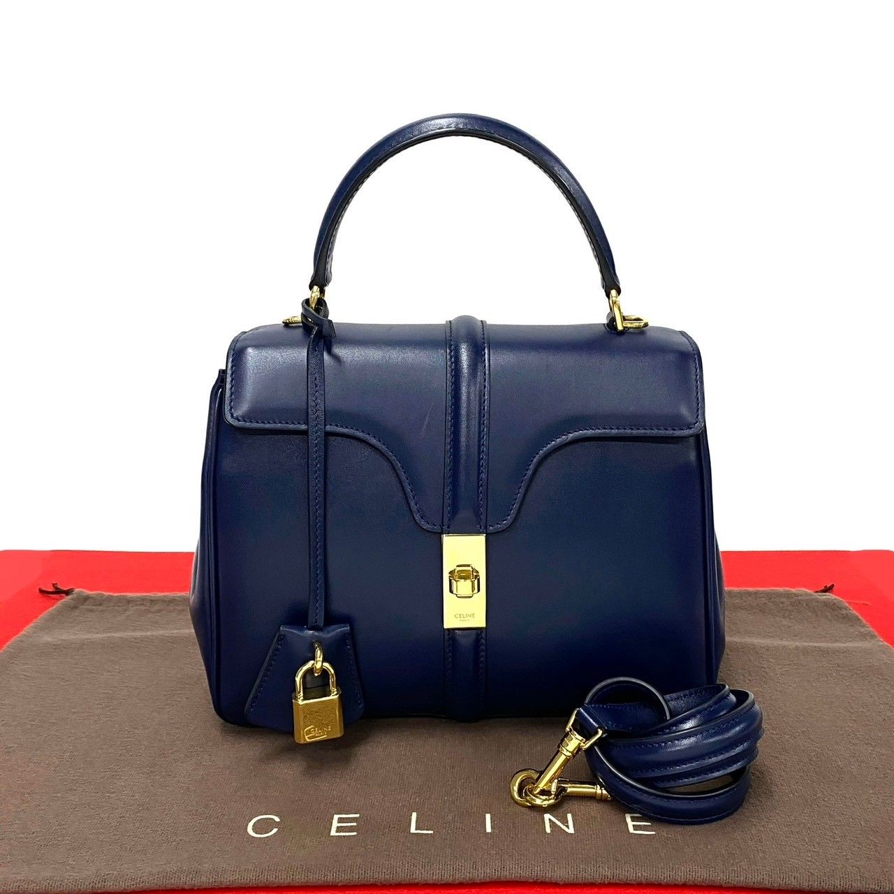 ほぼ未使用 CELINE セリーヌ セーズ スモール 16 レザー 本革 2way ショルダーバッグ ハンドバッグ ミニ トートバッグ ネイビー 紺  03394 - メルカリ