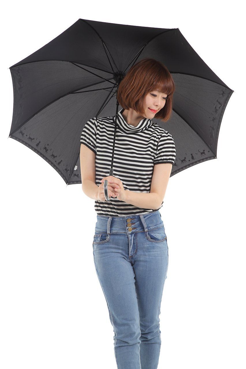 オカモト原宿店 黒ネコ裾柄 かわいい 60cm ジャンプ傘 (紺)