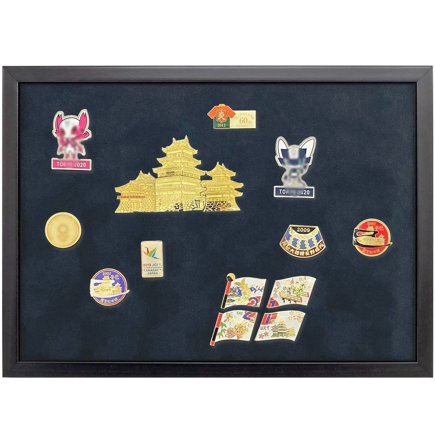 ピンバッジ額 5767 A4サイズ(210×297) UVカット強化型アクリル付(室内紫外線を98%程度カット) ブラック×スエード黒