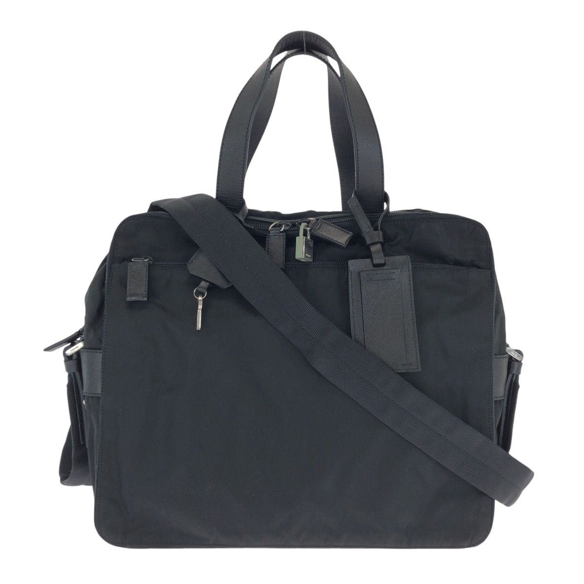 プラダ ビジネスバッグ 2way 三角ロゴプレート シルバー金具 レザー 黒 