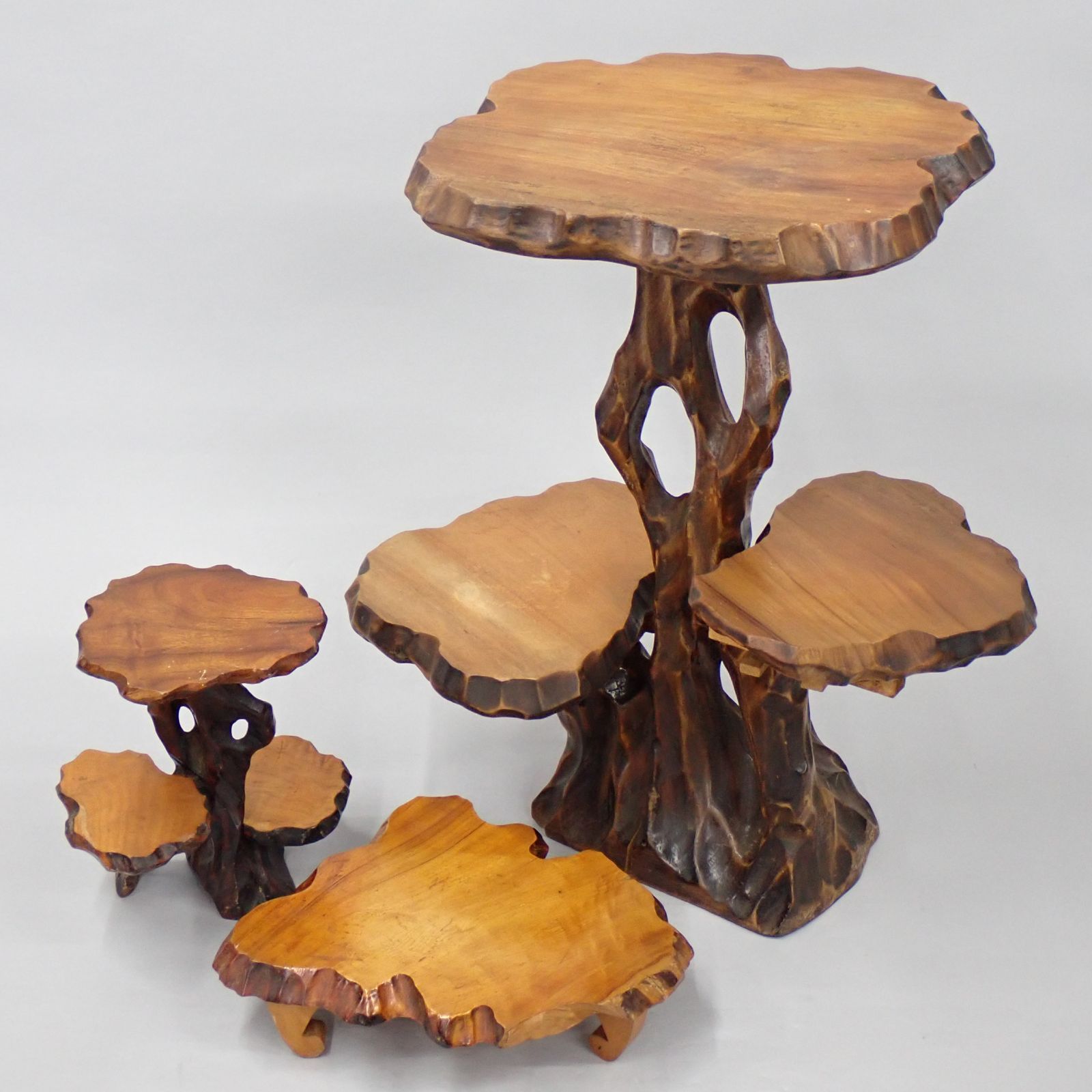 木製 原木 花台 飾り台 置台 インテリア 3段 装飾 昭和レトロ 大小3点セット 14546