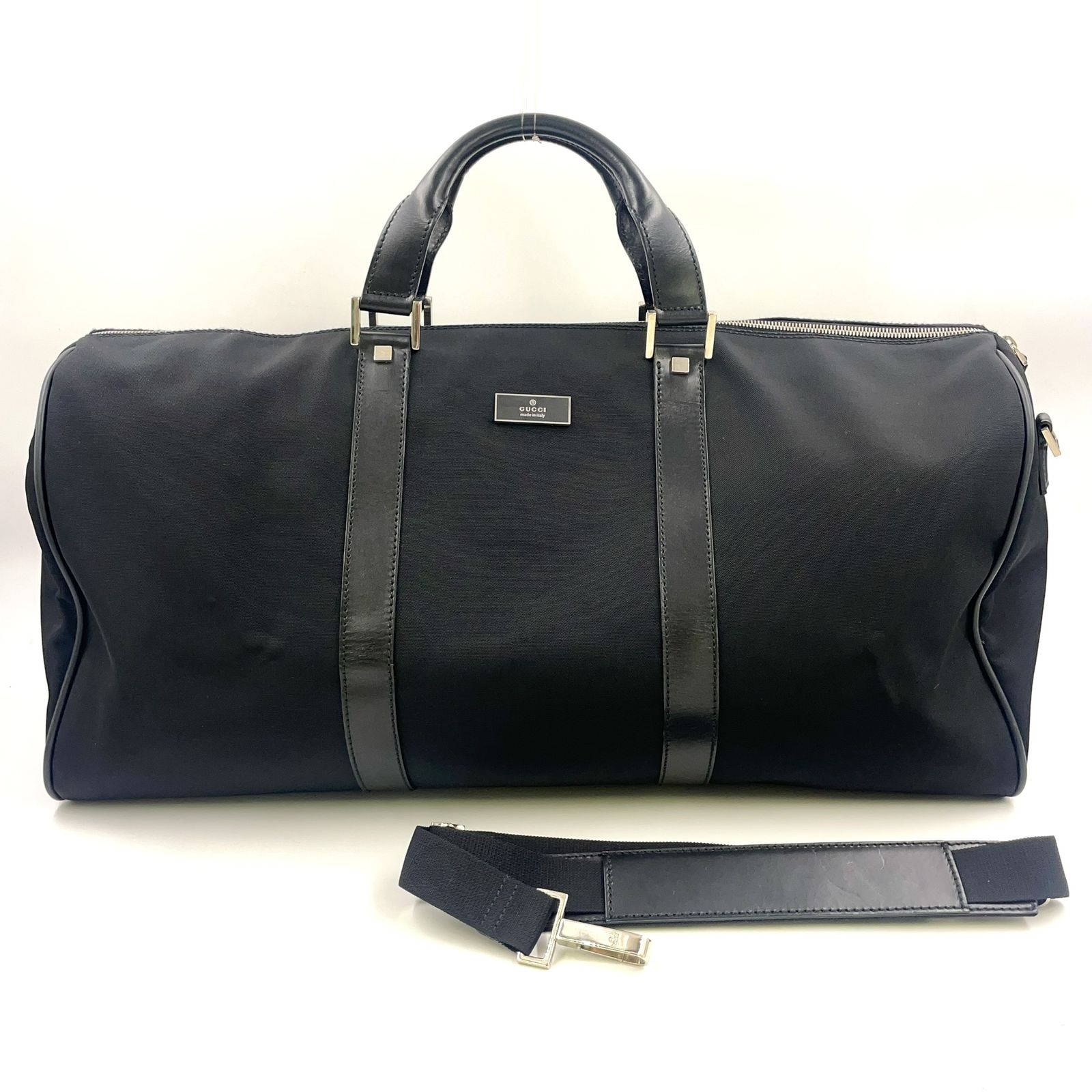 GUCCI レザー×キャンバス ブラック ボストンバッグ シルバー 0120399