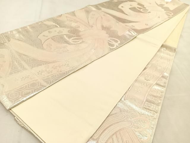 平和屋着物◎六通柄袋帯 束ね熨斗花文 銀糸 正絹 逸品 未使用