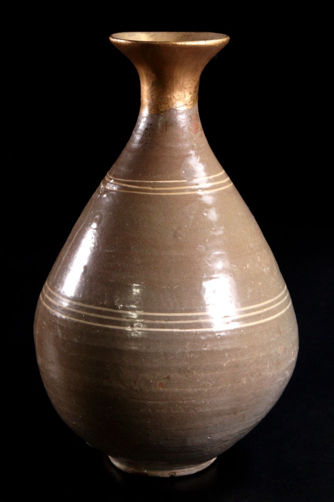 李朝・青磁花紋花器 高麗時代 青磁製 環状縞文象嵌花瓶 30cm 徳利 花器 花入 朝鮮古