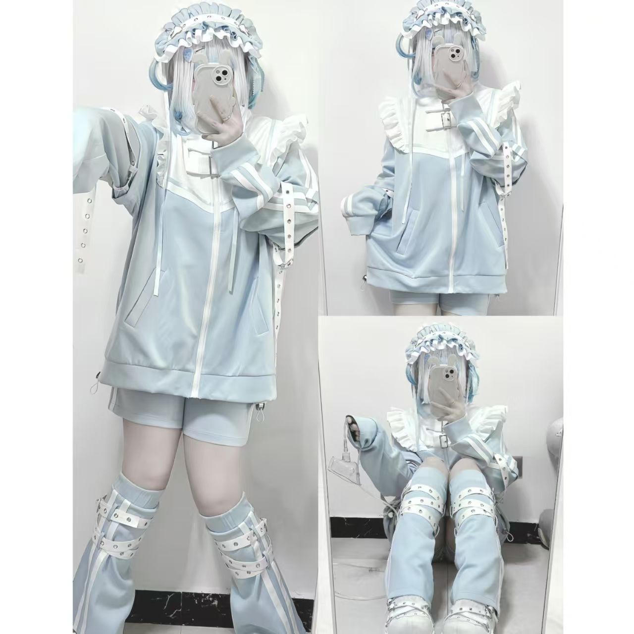 セットアップ 天使界隈 パステルブルー ジャージ サブカル 服 水色界隈 白 コスプレ 地雷系 量産型 天使 エンジェル ロリータ 渋谷 病みかわ セットアップ ゴスロリ 推し活 パンツ セット y3k 2XL 大きいサイズ ゆったり パーカー