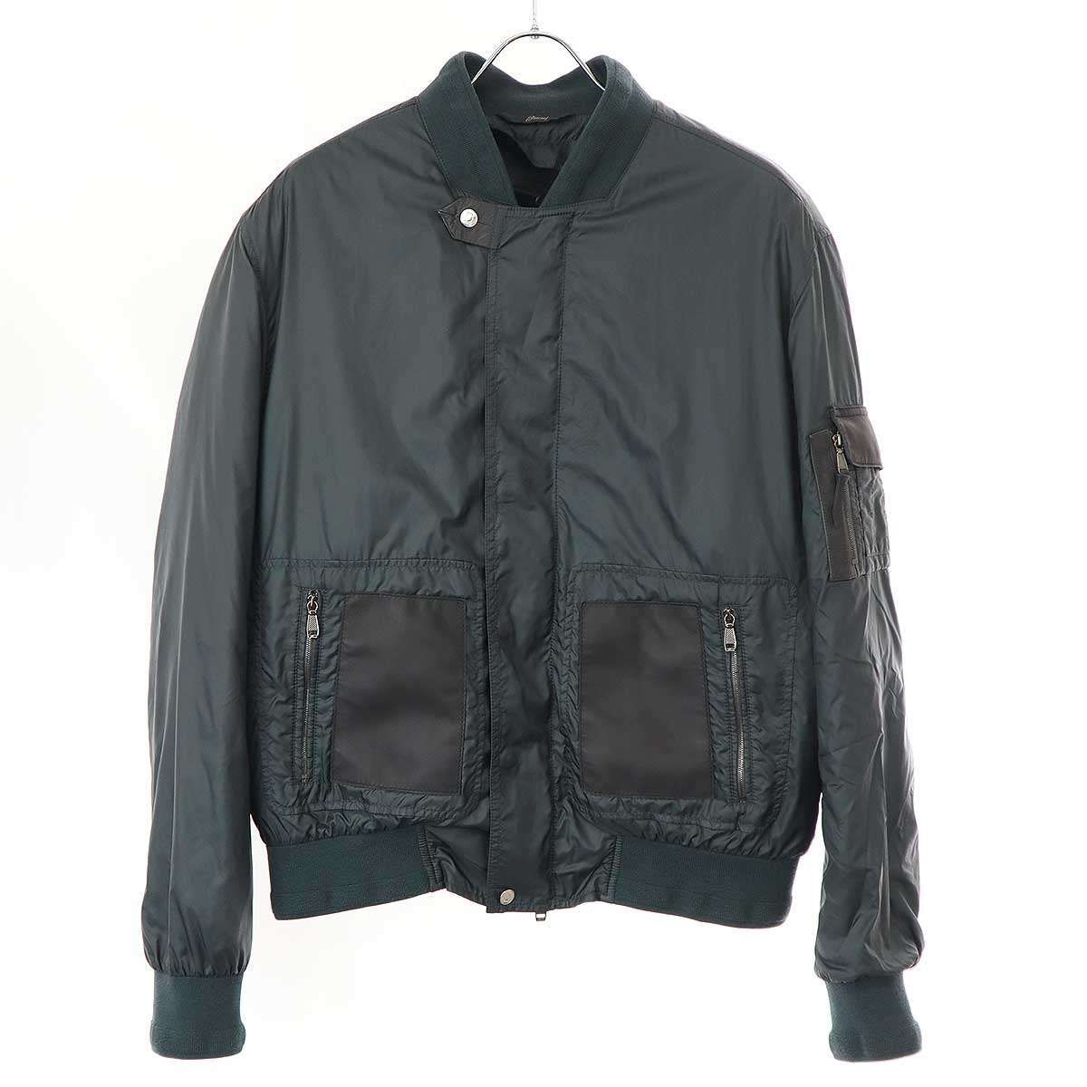 Brioni ブリオーニ BOMBER レザーパッチ ライナー付きナイロンボンバージャケット グリーン 50 SLNG00