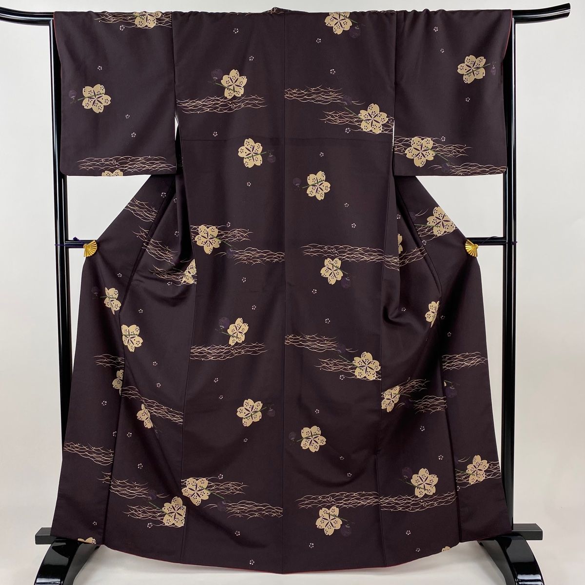 小紋 身丈165.5cm 裄丈66.5cm M 袷 桜 鈴 茶紫 化繊 美品 優品