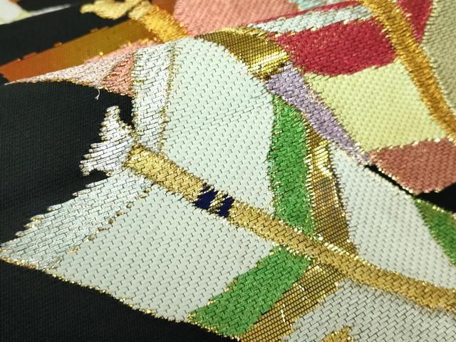 平和屋本店□極上 西陣 環美術織物 六通柄 本袋帯 源平矢羽根文 黒地  