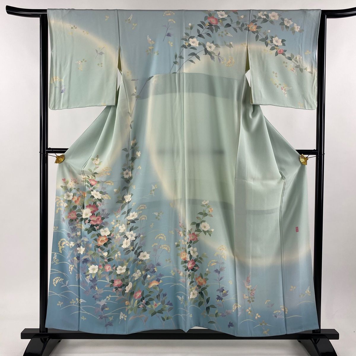 訪問着 身丈155.5cm 裄丈64cm M 袷 岡村蒼風 落款 椿 草花 染め分け 青緑 正絹 名品